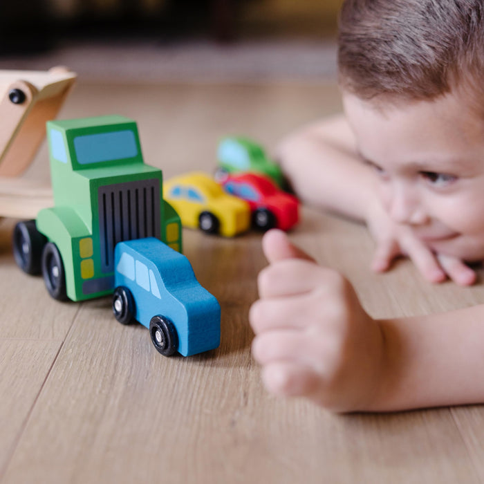 Melissa & Doug Car Carrier Truck and Cars Wooden Toy Set with 1 Truck and 4 Cars 5.75" x 12" x 3"