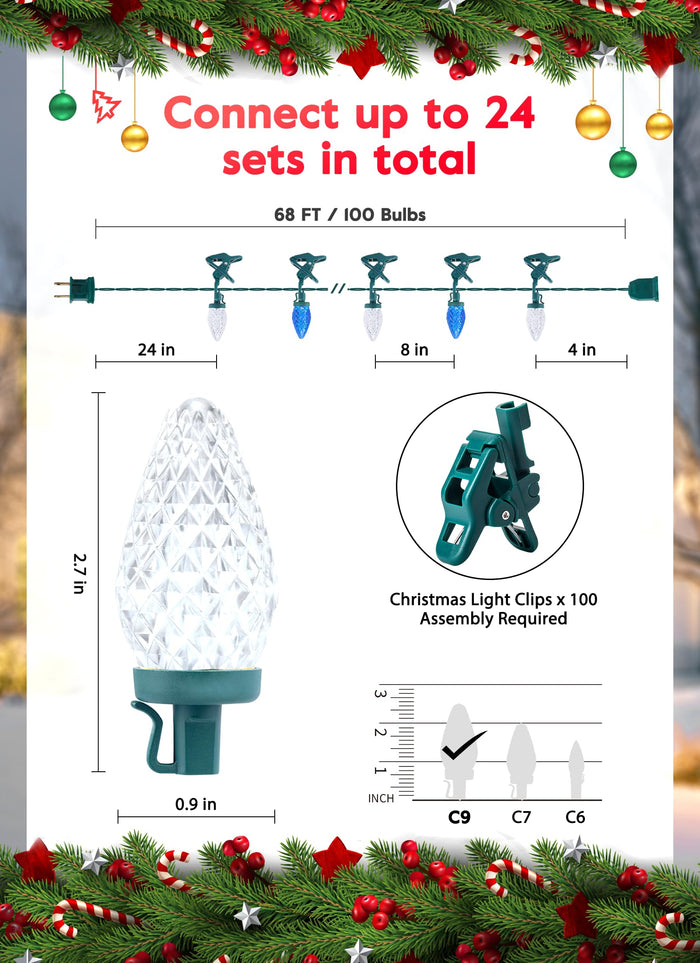Minetom C9 LED Christmas Lights Outdoor, 68Ft, 100 LED, Waterproof, Blue & Pure White, Model GY-C9-X-33-3B