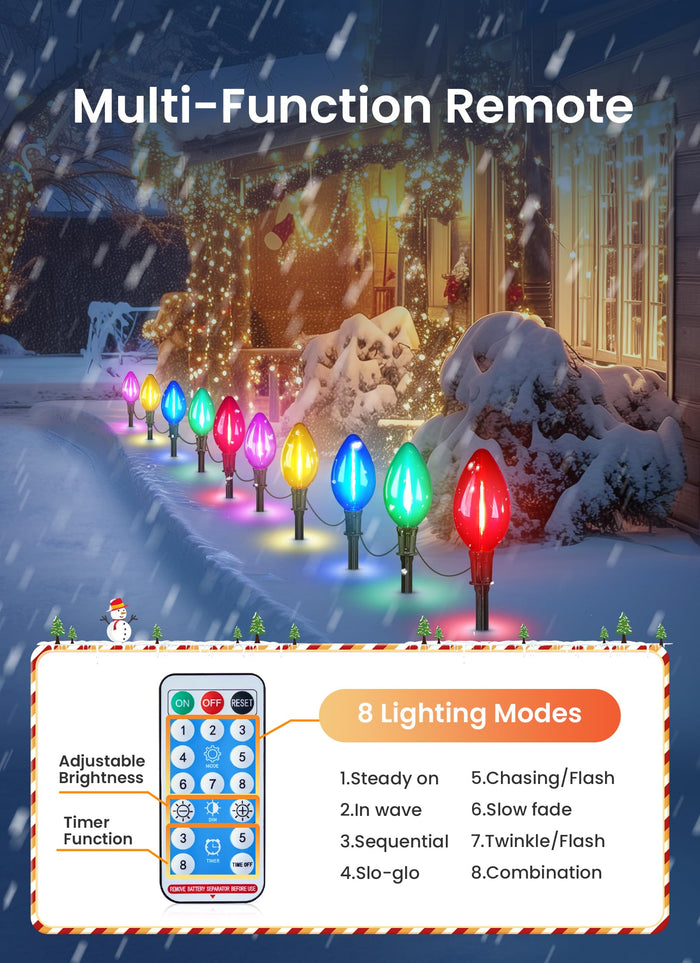 Minetom Solar C9 Christmas Pathway Lights - 16FT, 10 LED, 8 Modes, Multicolor, Outdoor Decorations