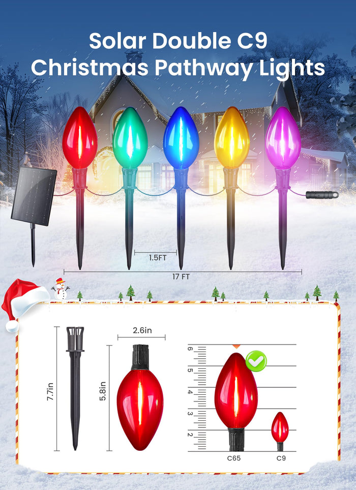 Minetom Solar C9 Christmas Pathway Lights - 16FT, 10 LED, 8 Modes, Multicolor, Outdoor Decorations