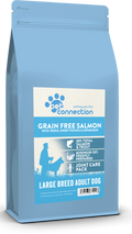 Dog food package with blue and white design on a white background