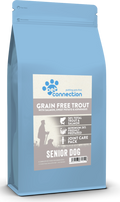 Pet connection grain-free trout senior dog food package on a white background