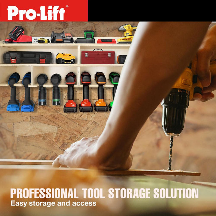 Pro Lift Cordless Drill Organizer – wall mount power tool storage rack, 10 hanging slots, wooden M-005W