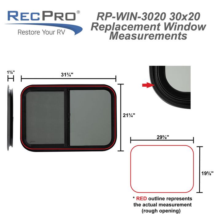 RecPro RV Window - Teardrop Style Horizontal Sliding Replacement - 30inW x 20inH - Black - Model RP-WIN - Made in USA