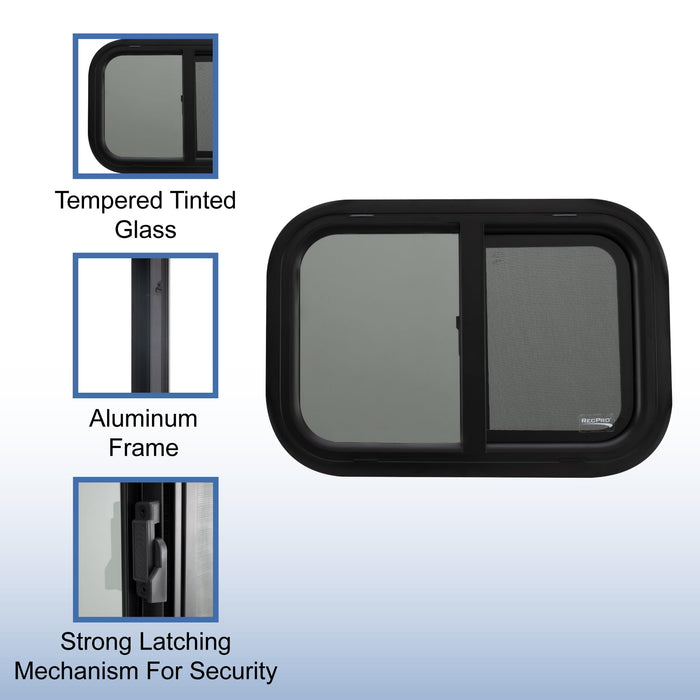 RecPro RV Window Replacement - Teardrop Style, Horizontal Sliding, 21inW x 14inH, Black, Model RP-WIN, Made in USA