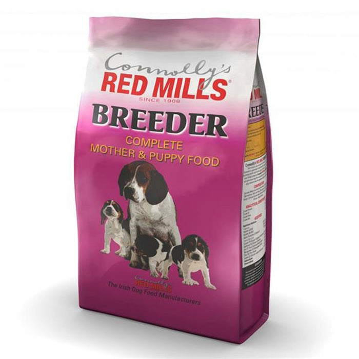 A bag of Connolly's Red Mills Breeder Complete Mother & Puppy Food dog food, featuring a pink and purple gradient design with pictures of three dogs and the brand logo.
