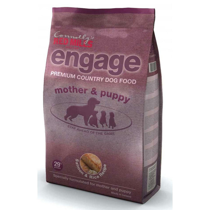 A bag of Red Mills Engage premium hypoallergenic dry dog food, specifically formulated for mother and puppy. The packaging is purple and features images of a dog and puppies.