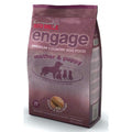 A bag of Red Mills Engage premium hypoallergenic dry dog food, specifically formulated for mother and puppy. The packaging is purple and features images of a dog and puppies.