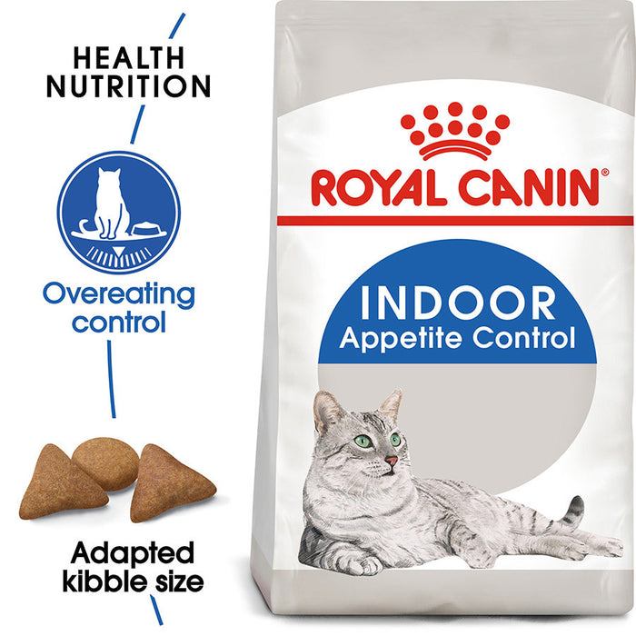 Royal Canin Indoor Appetite Control cat food bag with text highlighting features