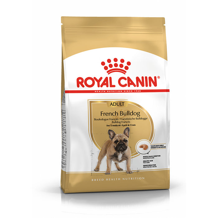 Royal Canin French Bulldog adult dog food packaging on a white background