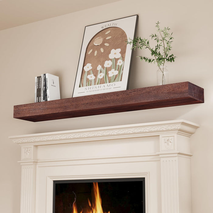 SAUMONIERES Fireplace Mantel Shelves 48 Inch Solid Wood Wall Mounted Long Floating Shelf Hollow, Brown
