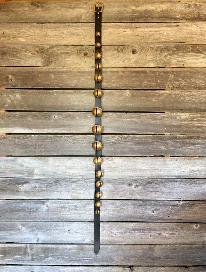 Sleigh Bells - Newly Made 64 inch black leather strap of 15 Bells