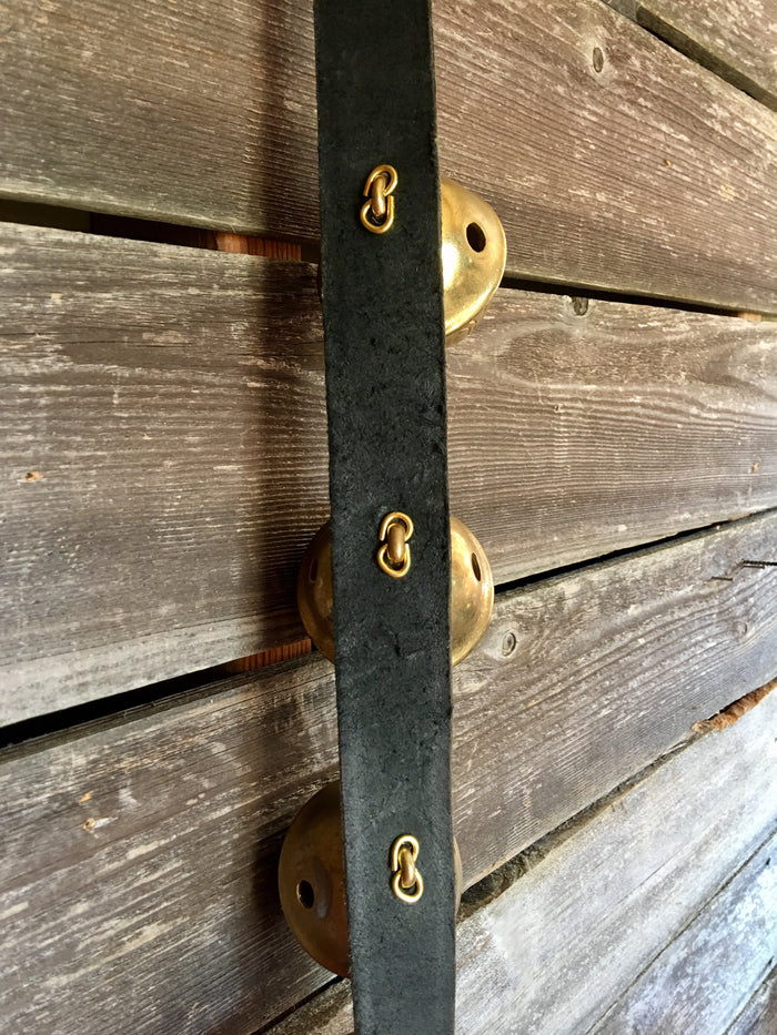 Sleigh Bells - Newly Made 64 inch black leather strap of 15 Bells