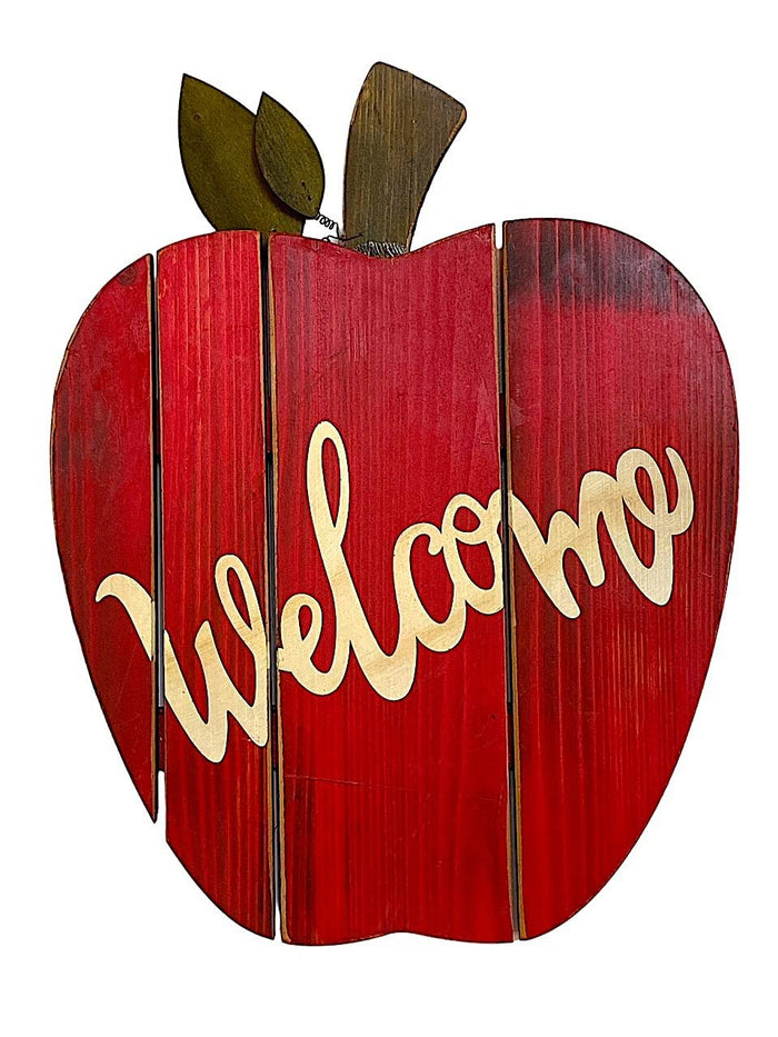 STC World Apple Welcome Wall Door Room Decor Hanging Wooden Art Home Office Indoor Outdoor (Red Apple Welcome)