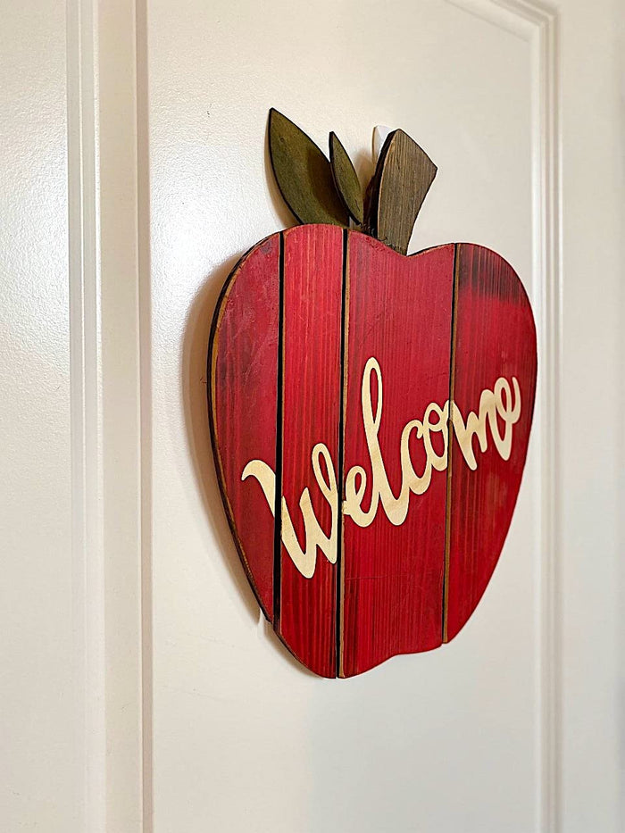 STC World Apple Welcome Wall Door Room Decor Hanging Wooden Art Home Office Indoor Outdoor (Red Apple Welcome)