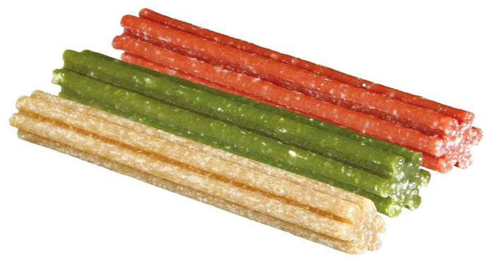 Three colorful dog treat sticks on a white background