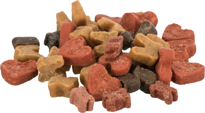 Selection of heart and bone shaped dog treats.