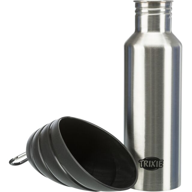 Trixie | Dog Travel Water Dispenser | Cooling Metal Bottle & Bowl - 750ml