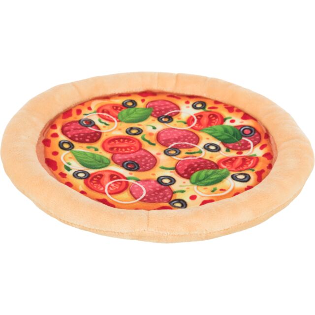 Toy pizza dog toy with toppings on a white background