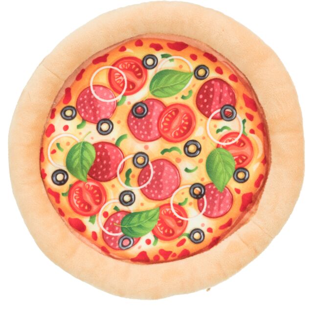 Toy pizza dog toy with tomato slices, olives, and cheese on a white background