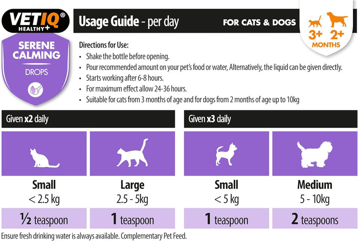 VetIQ Serene Calming Drops usage guide for cats and dogs with dosage instructions.