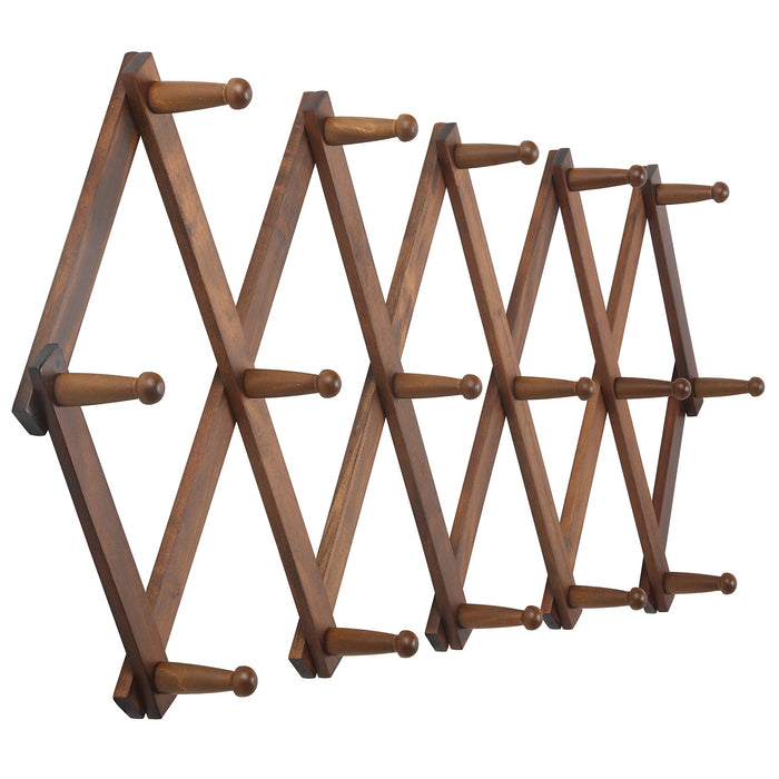 WEBI Accordion Wall Hanger, Wooden Coat Rack Wall Mounted, Hat & Cap Hook Rack, 16 Peg Hooks, Walnut Color