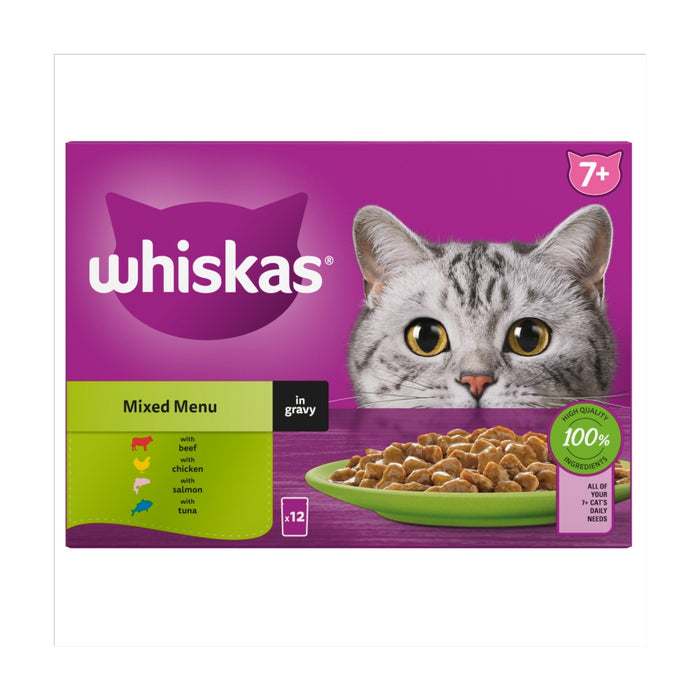 WHISKAS | Wet Cat Food Pouches | Senior 7+ Mixed Menu in Gravy - 12 x 85g