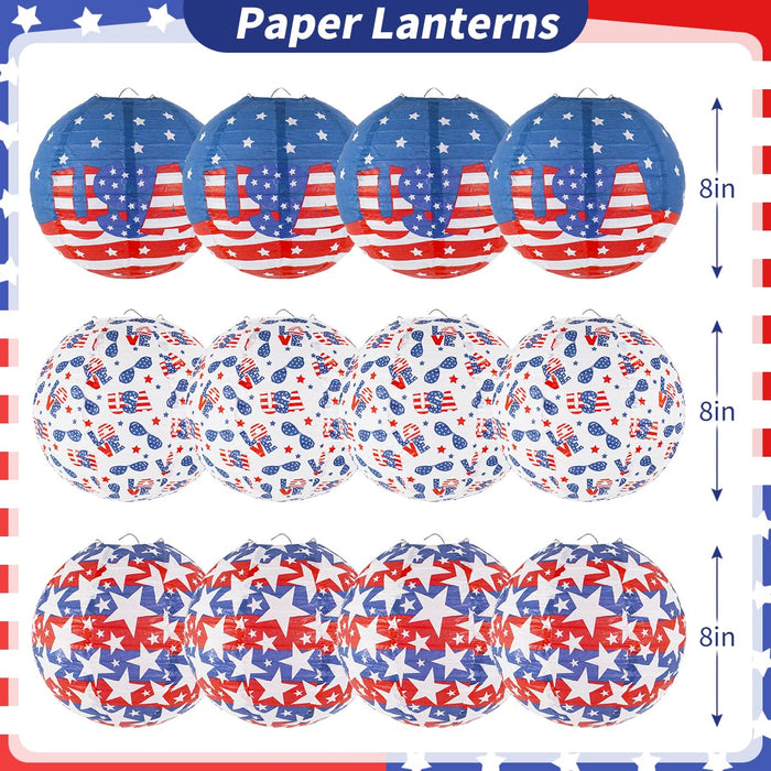 zilue Hanging Paper Lanterns for 4th of July Decorations, Pack of 12, Red/White/Blue, Model 1025